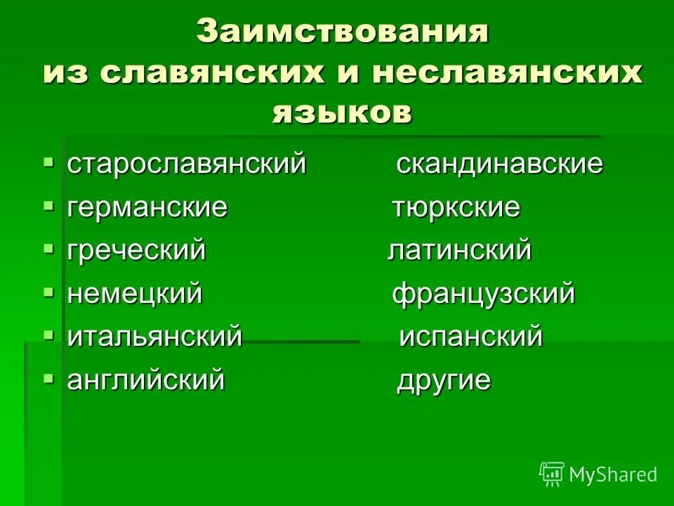 Школа заимствованное слово. Заимствованные слова из славянских языков. Заимствования из славянских языков. Заимствования из старославянского языка. Заимствования из неславянских языков.