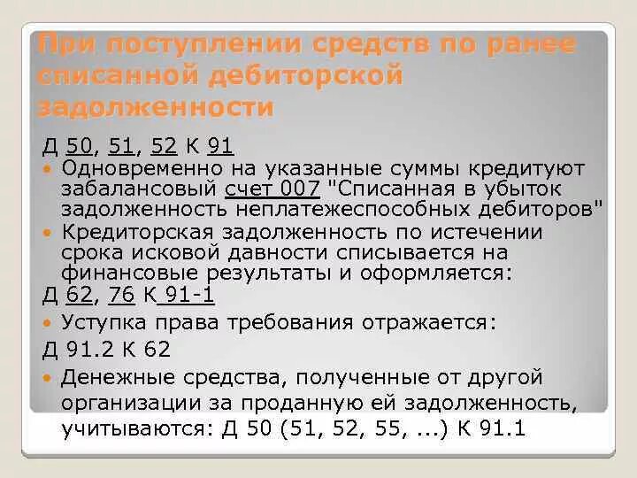 Списание задолженности. Поступление взысканной задолженности (ранее списанной в убыток):. Зачислена дебиторская задолженность. Поступление средств по ранее списанной дебиторской задолженности. Суммы безнадежных долгов