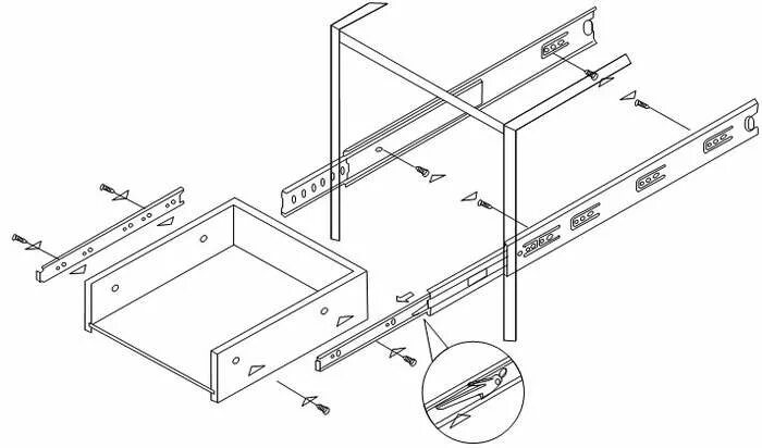 Чертеж кухонного шкафа с выдвижными ящиками. Шариковые направляющие схема установки. Шариковые направляющие схема крепежа. Направляющие для выдвижных ящиков верстака. Сборка ящика с направляющими