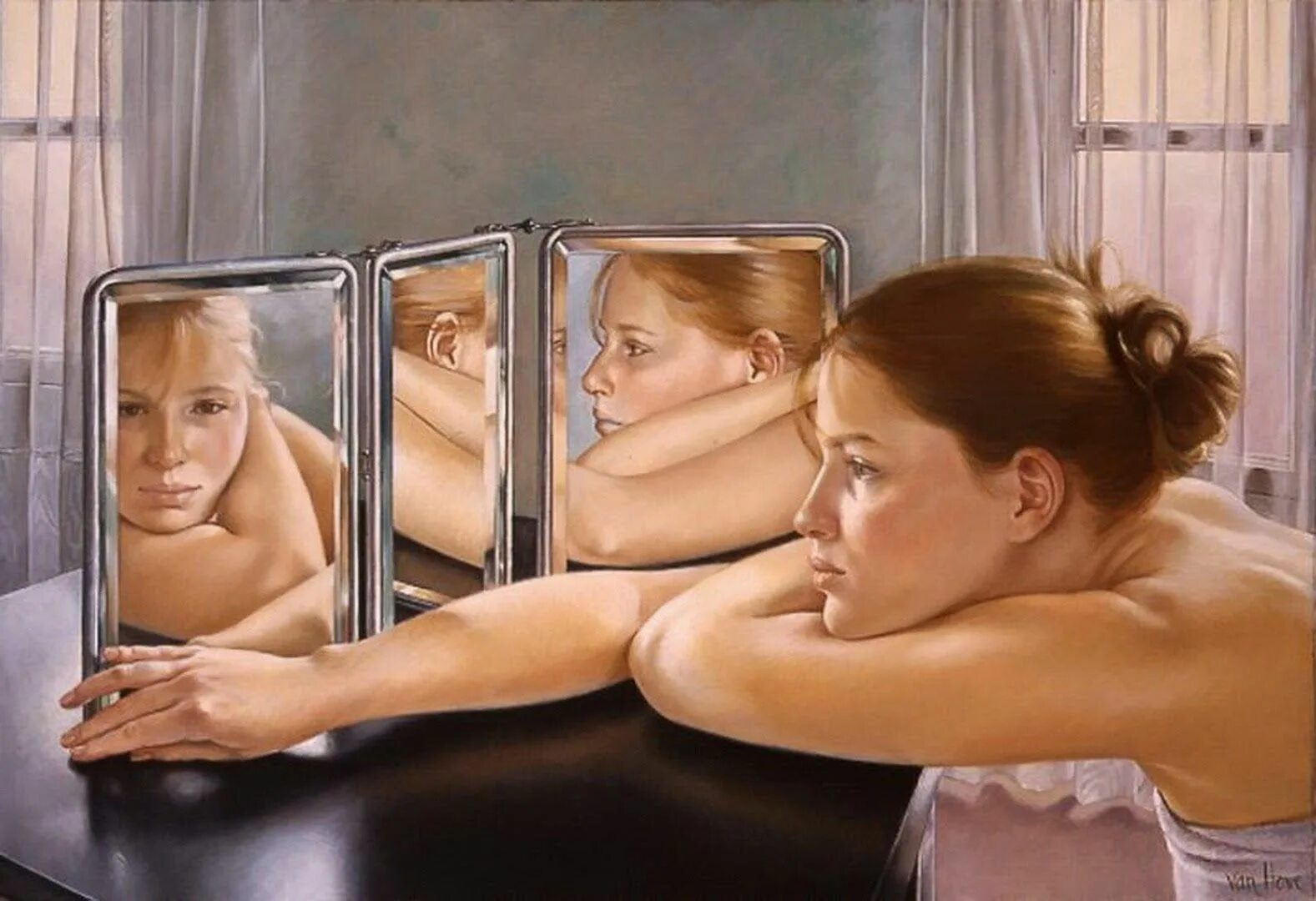 Видела глаз в зеркале. Francine van hove перед зеркалом. Франсин Ван Хоув картины. Человек смотрится в зеркало. Отражение себя в зеркале.