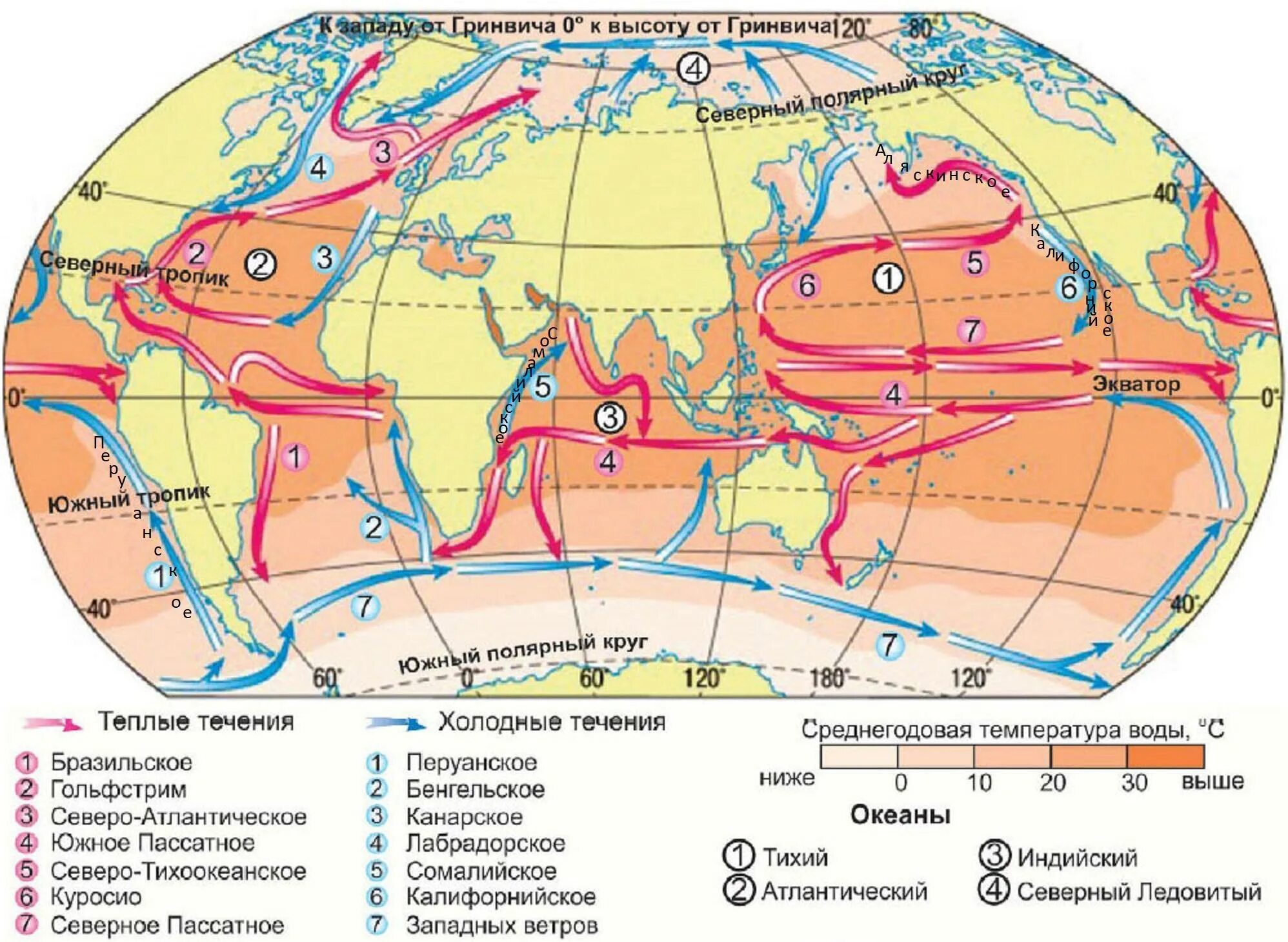 Тёплые течения мирового океана на карте. Тёплые и холодные течения на карте мирового океана. Карта течений мирового океана. Течения восточных ветров