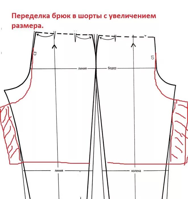 Шорт или шортов как правильно. Перешить брюки в шорты. Перешить брюки на размер. Переделка брюк в шорты с увеличением размера. Увеличить размер выкройки брюк.