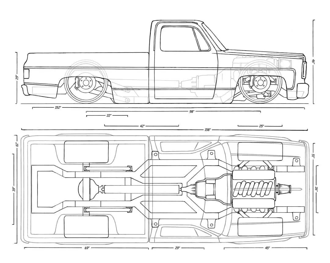 Чертеж Шевроле пикап. Chevrolet Silverado 1987 чертеж. Chevrolet c10 Blueprint. Chevrolet Pickup 1951 чертежи. Пикап план