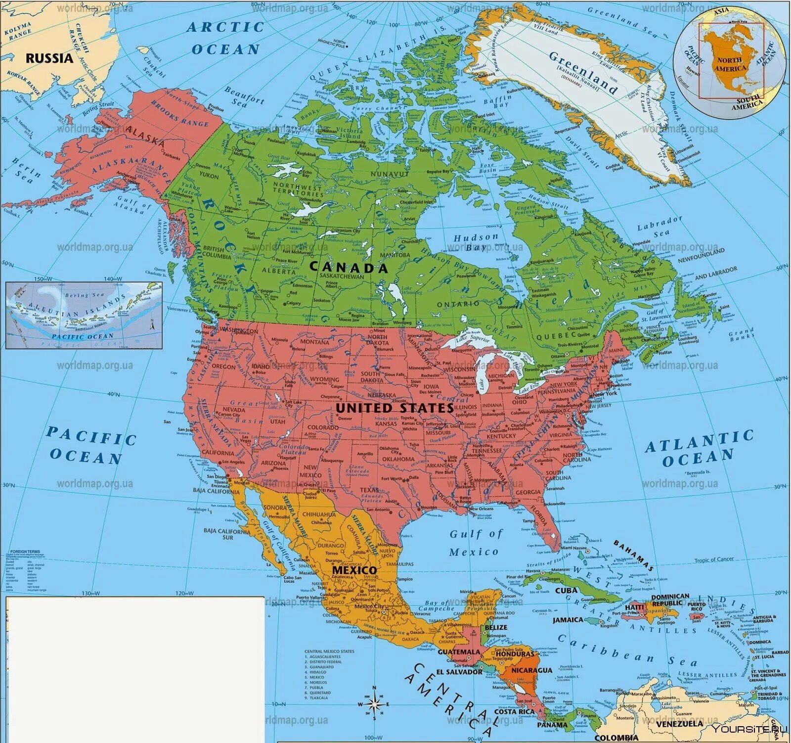 Карта стран Северной Америки на русском языке. Америка Континент политическая карта. Политическая карта Северной Америки. Политическая карта Сев Америки.