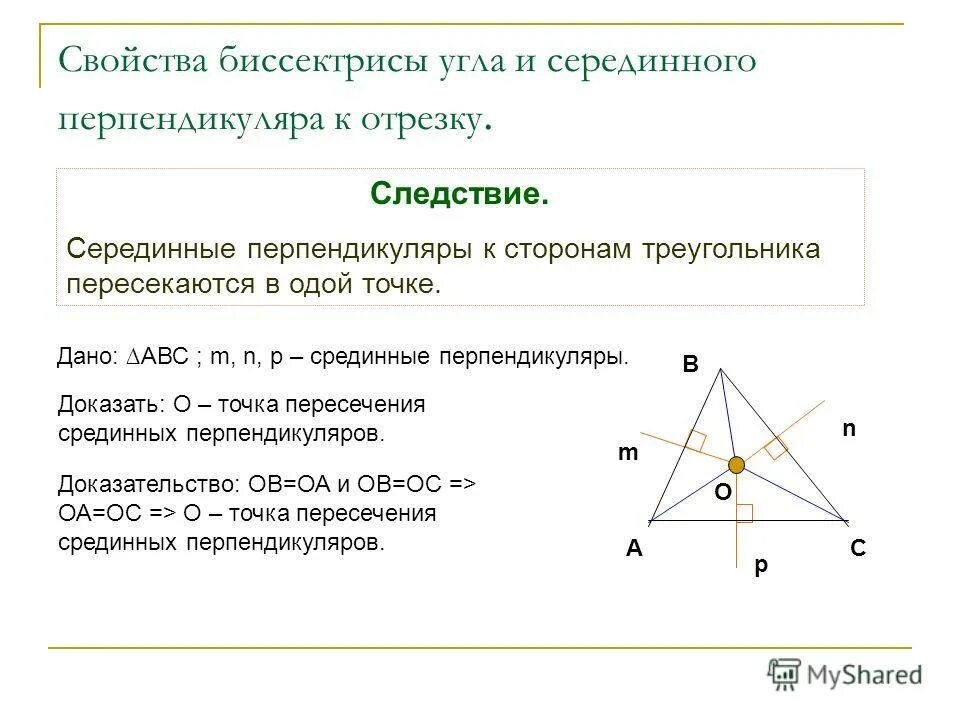 Известно что точка пересечения серединных перпендикуляров