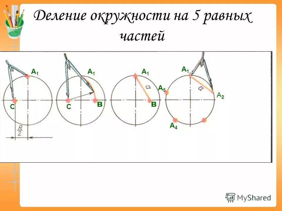 Деление окружности на 5 равных частей. Как разделить круг на пять. Как разделить круг на пять. Разделить окружность на 5 равных частей без циркуля. Как разделить круг на пять.