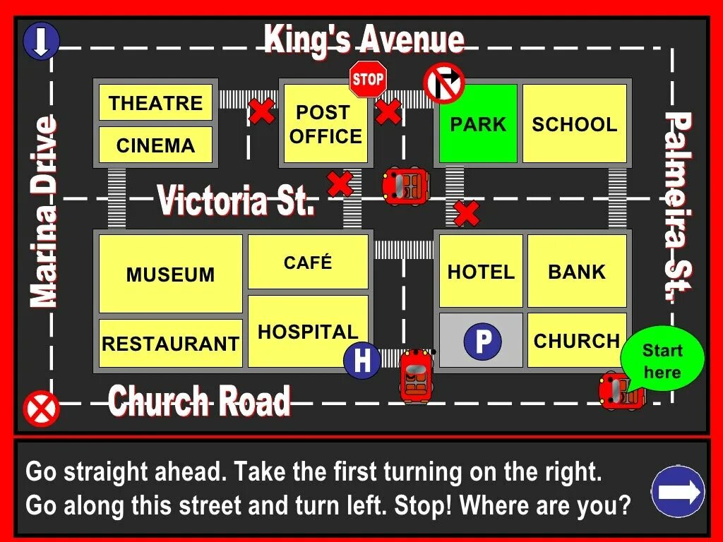 Take on the left. Asking and giving directions. go straight ahead turn left right. direction go straight. take the first turning on your left.