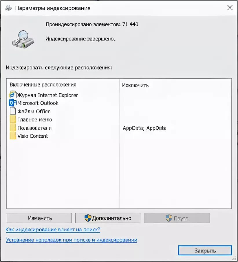 Служба индексирования windows. Служба индексирования windows
