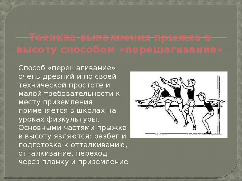 План прыжка в высоту. Техника прыжка в высоту перешагиванием. Прыжок в высоту способом перешагивание. Прыжок в высоту с разбега способом перешагивание. Техника выполнения прыжка в высоту.