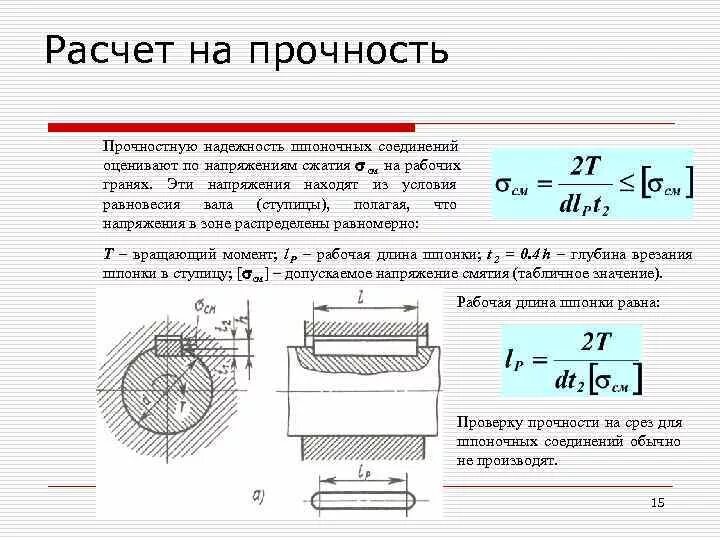 Скорость среза. Формула расчета призматической шпонки на прочность. Формула прочности шпоночного соединения. Вращающий момент шпонки. Шпоночные соединения прочность на срез.