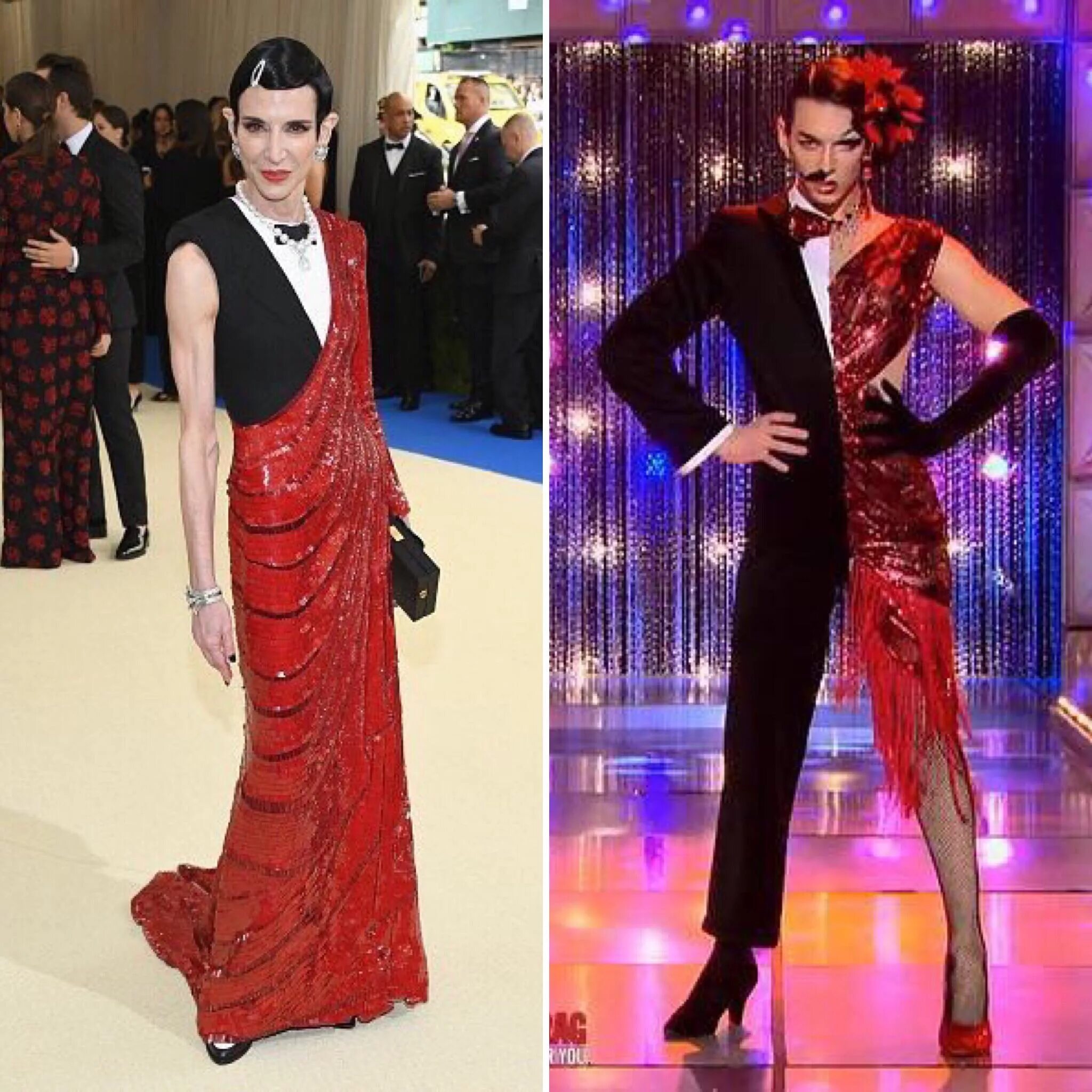 Наряд другими словами. Violet Chachki met Gala. Наполовину платье наполовину костюм. Половинчатый костюм. Половина платье половина костюм.