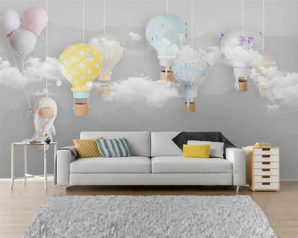 Детская с воздушными шарами на стене. Фотообои с воздушными шарами. Воздушный шар на стене в детской. Фотообои воздушные шары в детскую.