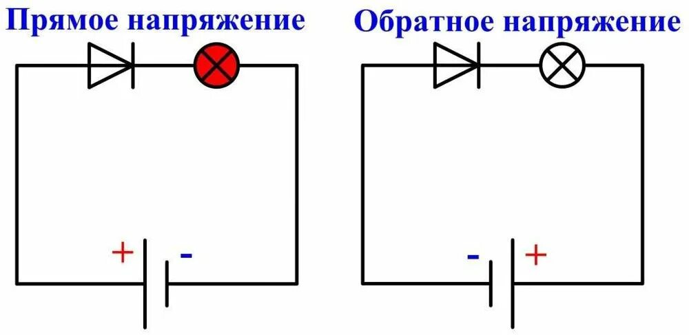 Схема прямого и обратного включения диода. Схема включения диода в цепь: прямое и обратное включение. Схема включения диода в цепь. Схема прямого включения полупроводникового диода. Обратное включение диода