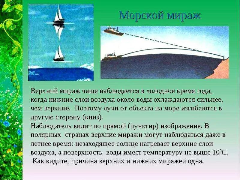 Мираж оптическое явление. Верхний Мираж (Мираж дальнего видения). Мираж атмосферное явление. Презентация на тему миражи.