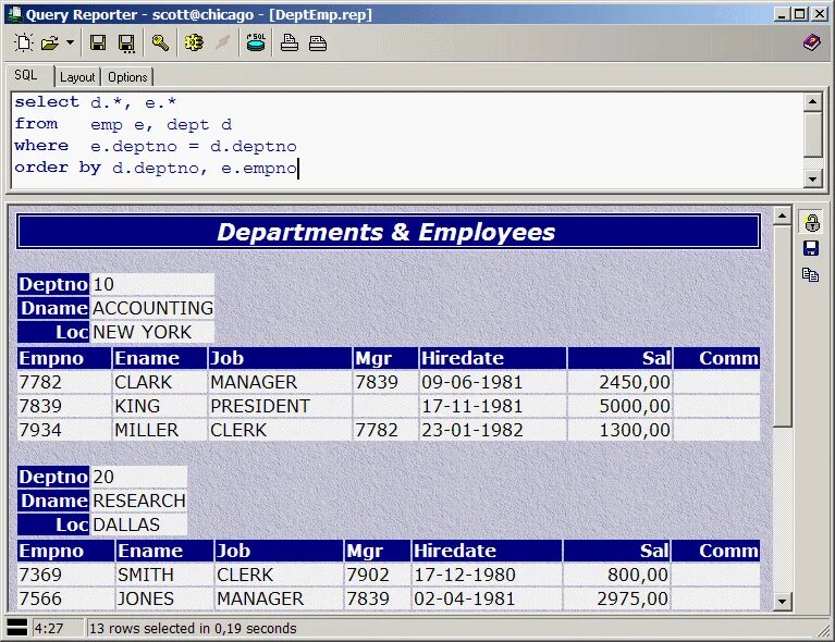 Query reporting. Work reporter. freeware. query. select * from employees where deptno = 8.