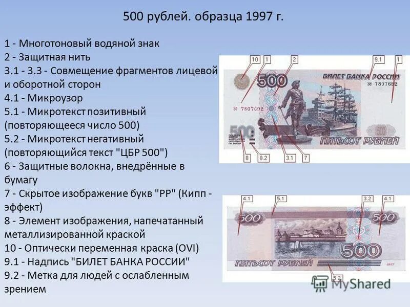 В 1997 году словами. 500 Рублей защитные элементы. Защитные знаки на 500 рублевой купюре. Подлинность 500 рублей. 500 Рублей образец.