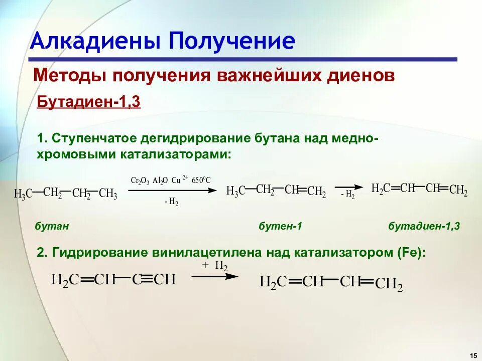 Бутадиен гидрирование полное. Реакция гидрирования бутадиена-1.3. Гидрирование бутадиена 1 3. Реакционная способность алкадиенов. Методы получения алкадиенов.