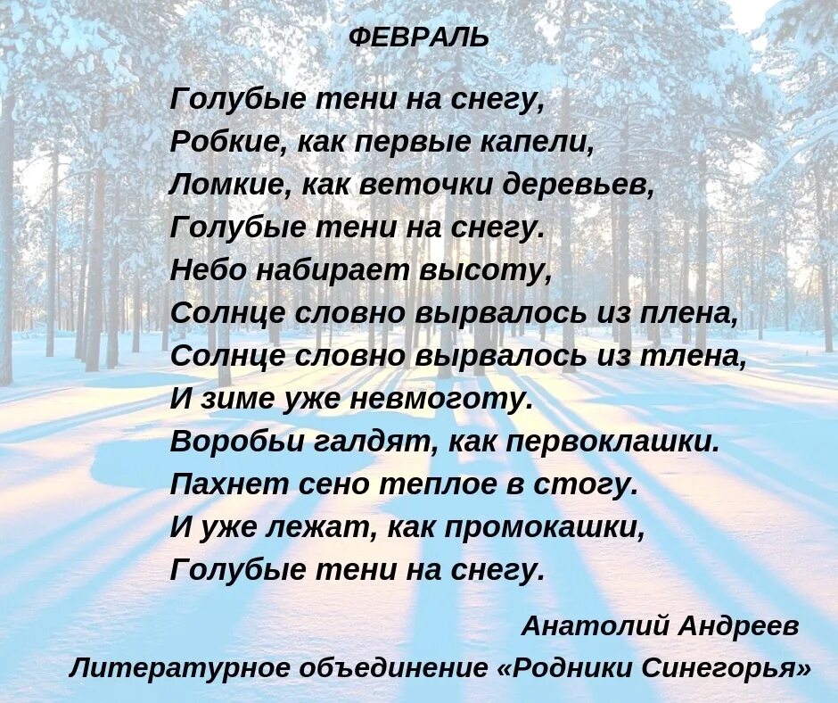 Тень на снегу стихи. Голубые тени на снегу стихи. Литературная страничка про февраль. Стихотворение Анатолия Андреева. День я тень стих