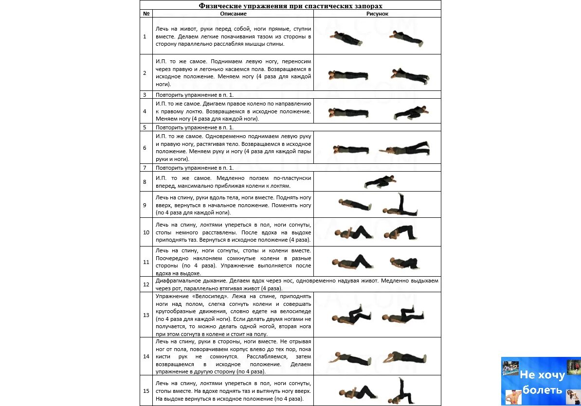 Упражнения при запоре. Лечебная гимнастика при запорах. Комплекс упражнений ЛФК при запорах. Упражнения призааорах.