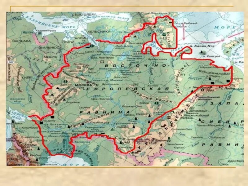 Восточно-европейская равнина на карте России. Восточно европейская русская равнина на карте. Границы Восточно европейской равнины на контурной карте. Восточно европейская Ровнина.