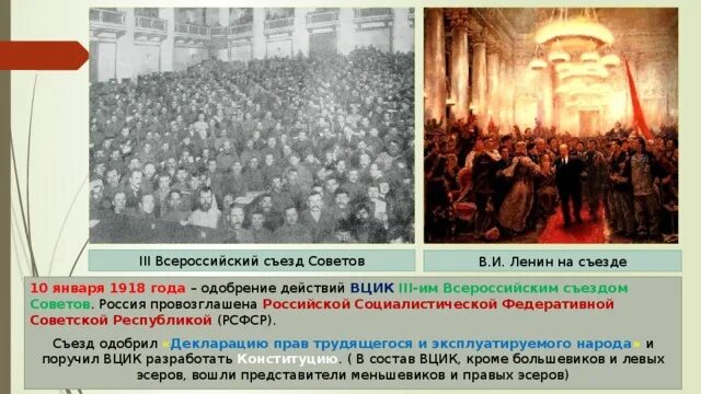 Съезд советов ВЦИК. Провозглашение России РСФСР содержание 1918. Третий Всесоюзный съезд советов 10 января 1918 года. 3 Съезд советов 1918. Рф была провозглашена