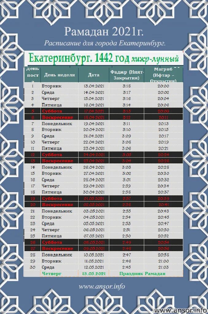 Время ифтара в екатеринбурге 2024. Таблица Рамазан 2021 год. Таблица Рамадана 2021 года. Расписание Рамазан месяц пост Екатеринбург. График поста Рамазан 2021.