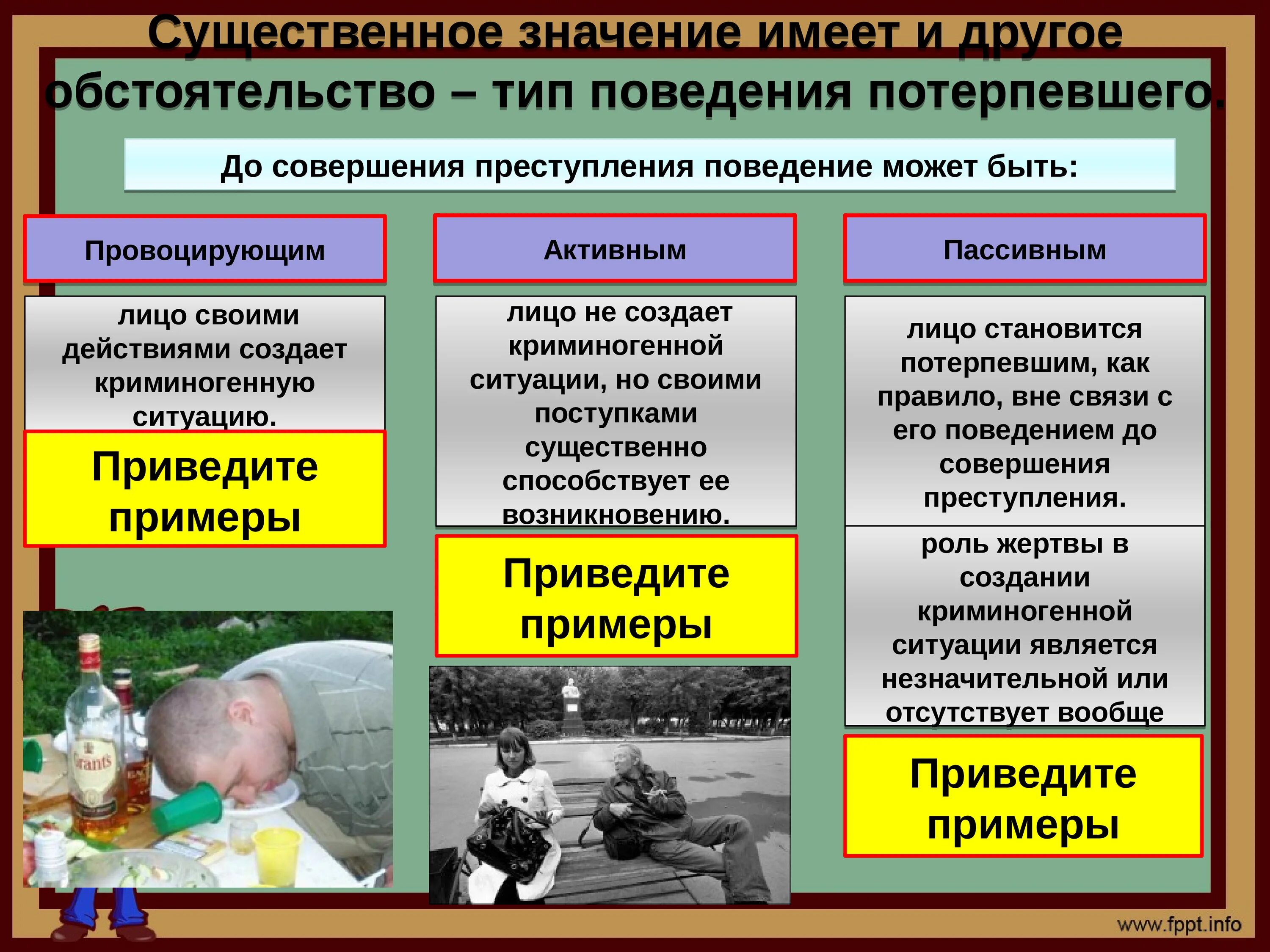 Противоправное поведение потерпевшего. Примеры поведения жертвы. Виды поведения потерпевших. Пример провоцирующего поведения потерпевшего.