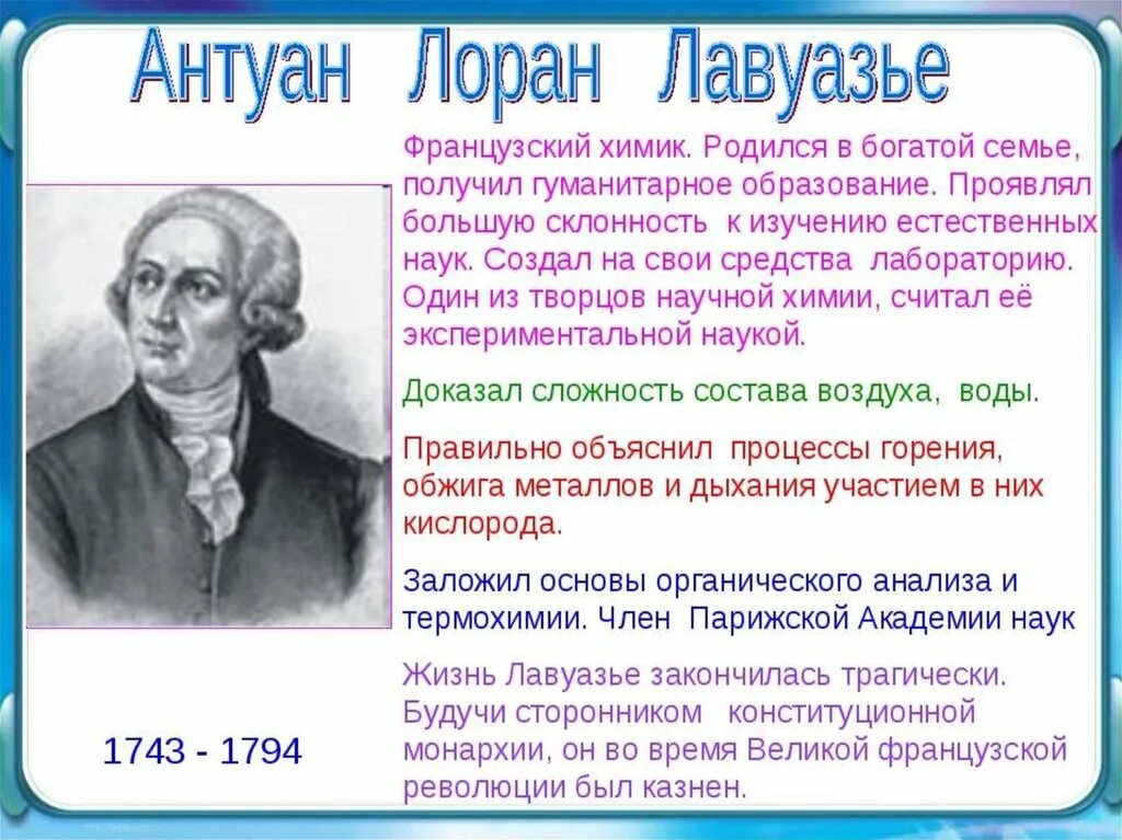 Информация про ученого. Антуан Лоран Лавуазье открытия в химии. Лавуазье Антуан Лоран (1743-1794).. Великие ученые химики. Выдающиеся достижения в химии.