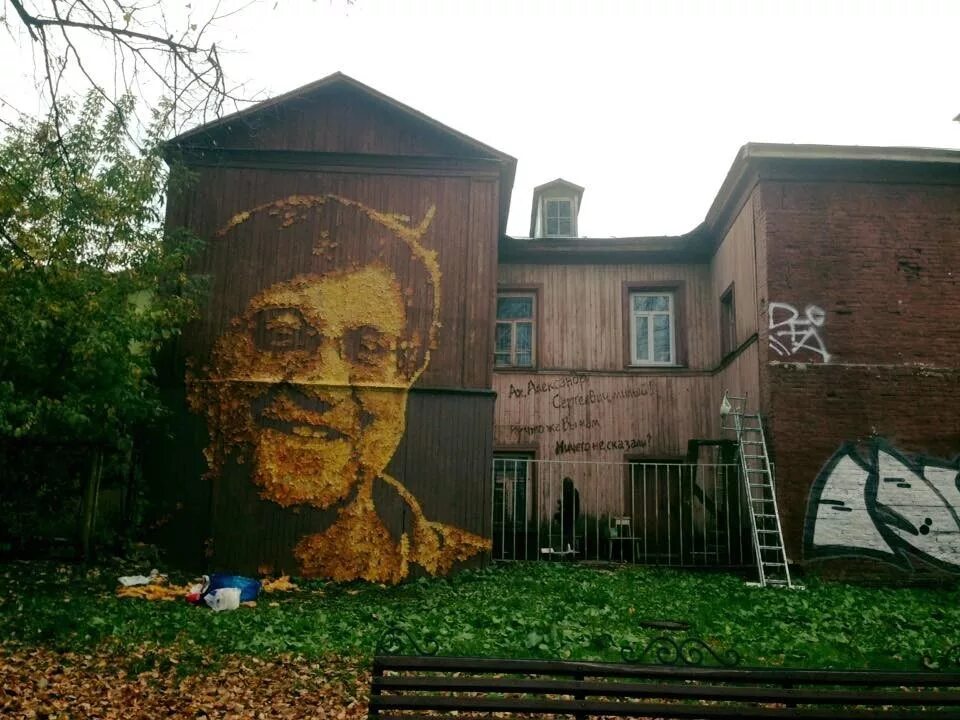 Дом шевчука. Шевчук юрий портрет пермь. портрет шевчука из листьев пермь. стрит арт пермь фото. шевчук в листьях.