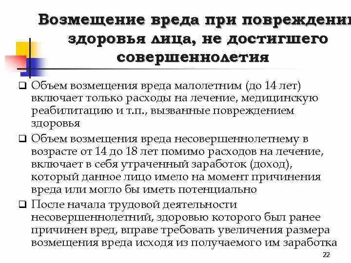 Положения о возмещении вреда.. Объем возмещения вреда совершеннолетним. Возмещение вреда не включает в себя:. Возмещение вреда лицу, не достигшему совершеннолетия. Требование о возмещении вреда здоровью