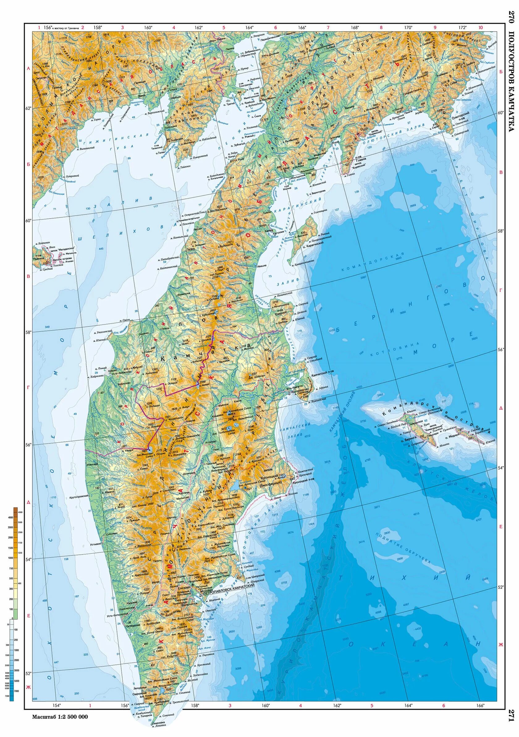 П-ов Камчатка на карте России. Карта п ова Камчатка. Камчатка карта географическая. Горы Камчатки срединный хребет.
