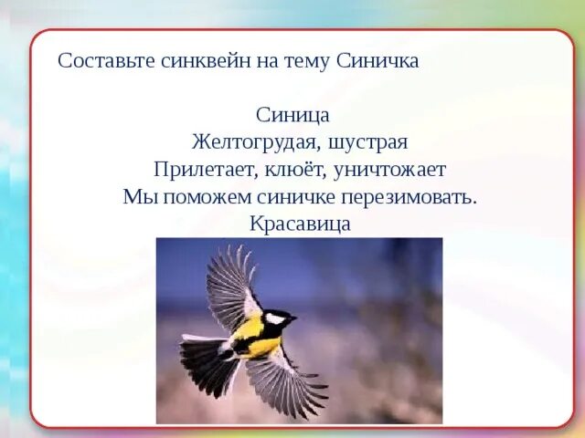 Впр текст про птиц. Синквейн на тему синичка. Синквейн птицы. Составить синквейн на тему синица. Синквейн про синицу.