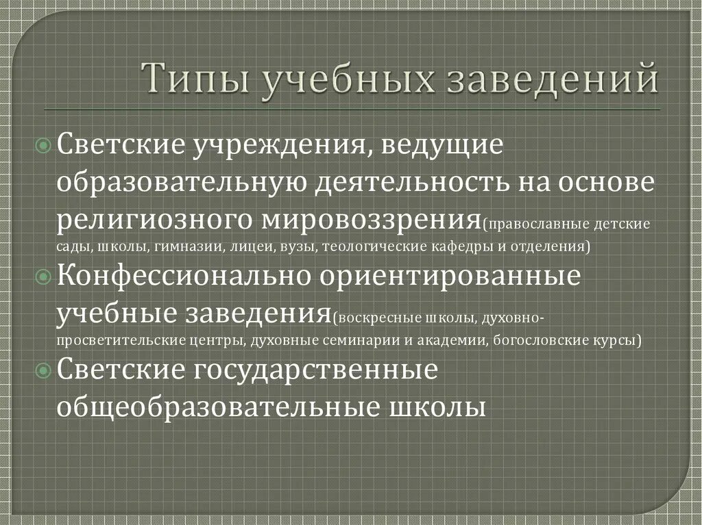 Различие духовного и светского образования. Виды учебных заведений. Виды училичных заведений. Виды учебных заведений в России. Типы учебных заведений в России.