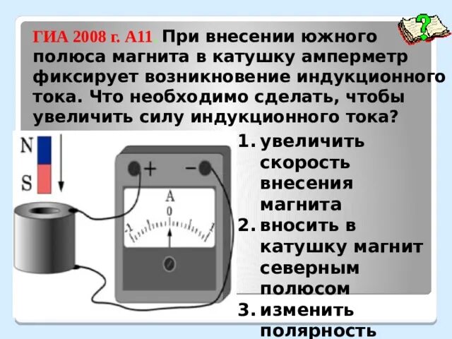 Амперметр с катушкой индуктивности. Индукционный ток при внесении магнита в катушку. Индукционный амперметр. При увеличении скорости магнита индукционный ток. Схема амперметра катушки и магнита.