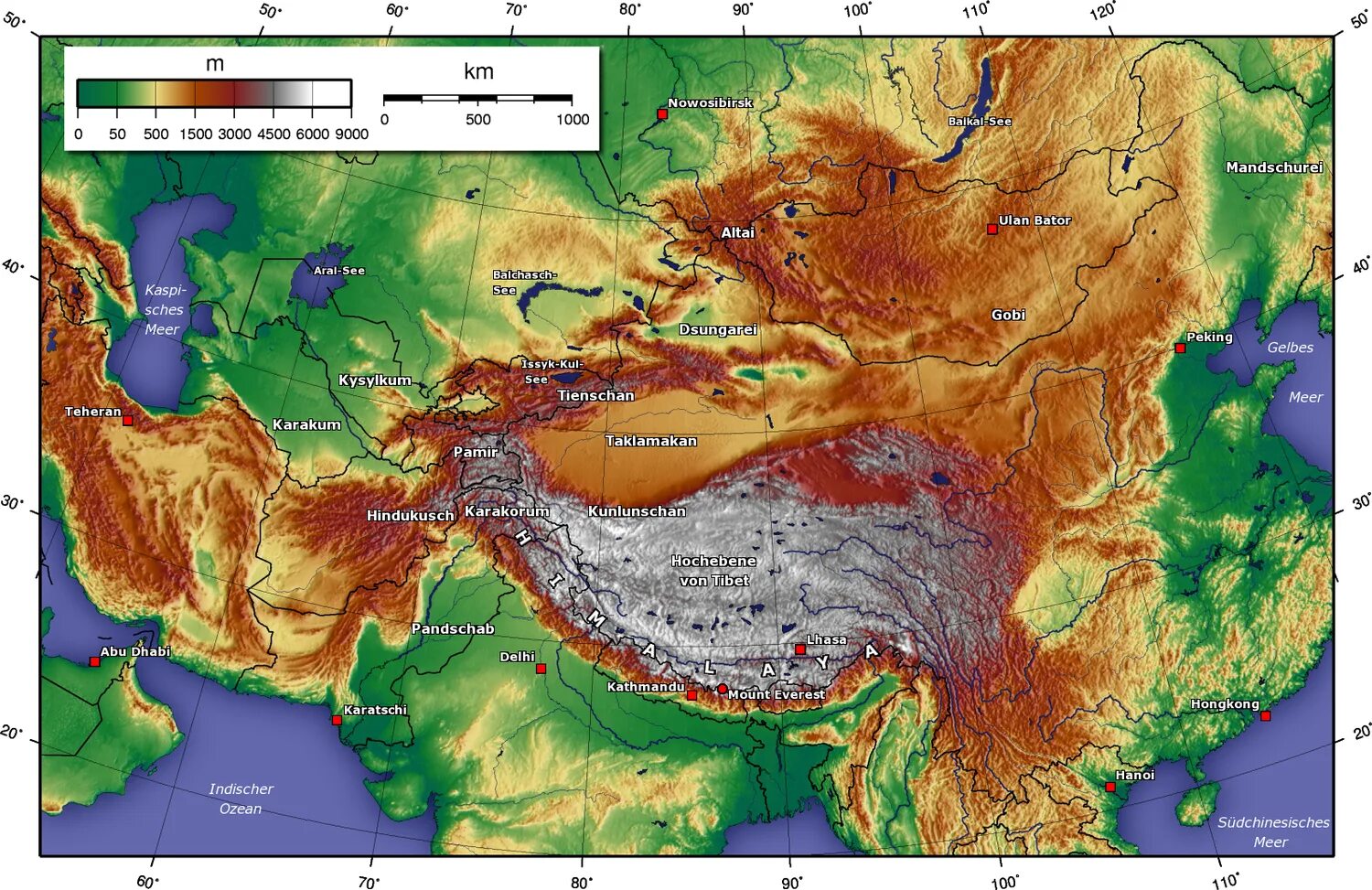 Высота местности над уровнем моря казахстана. Памир Тибет Гималаи на карте. Карта рельефа Азии. Карта горных хребтов Азии. Природная карта центральной Азии.