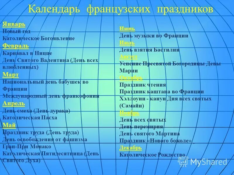 праздники на французском языке