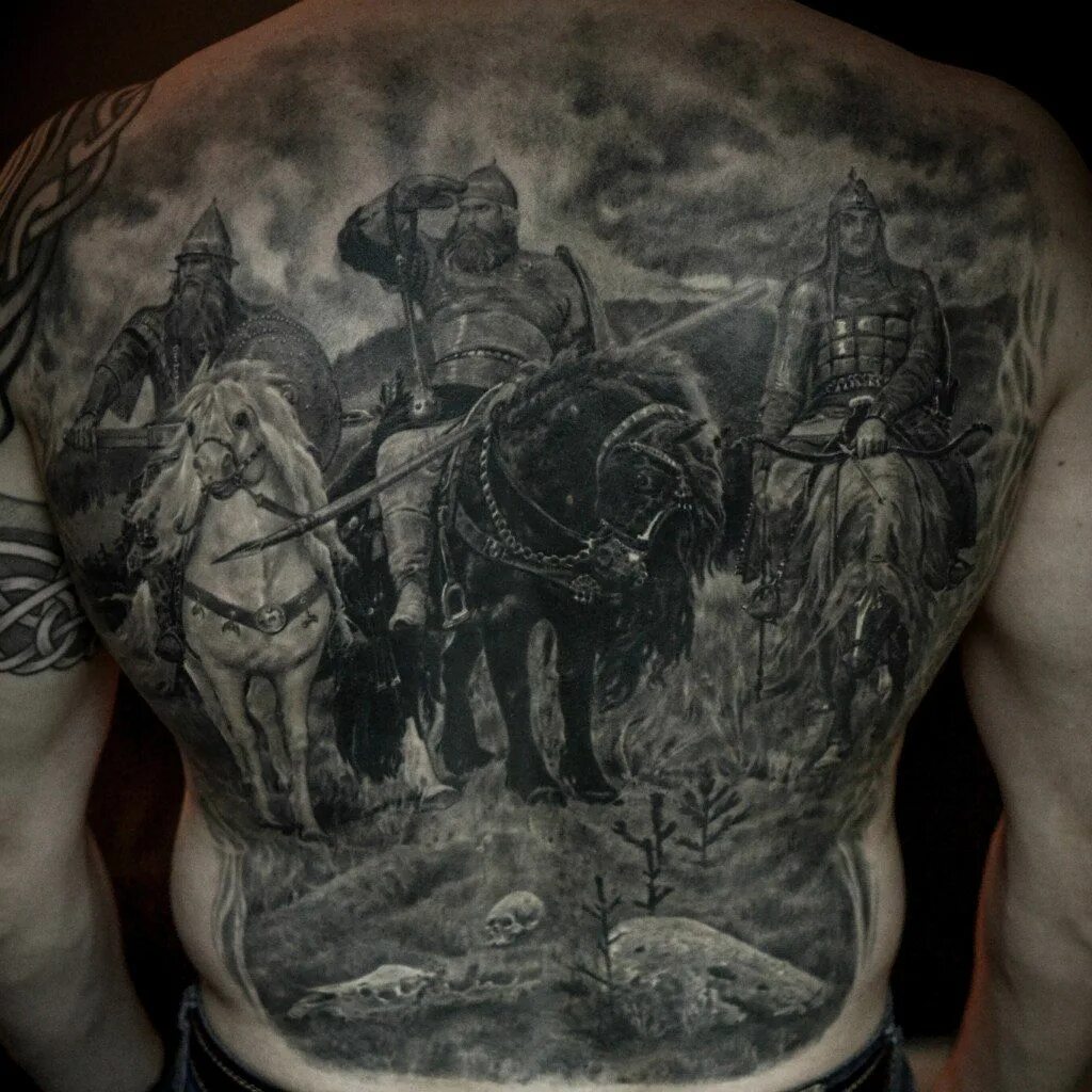 Наколка три богатыря. Татуировка три богатыря. Пересвет и челубей тату. Тату богатырь. Васнецов 3 богатыря набросок.