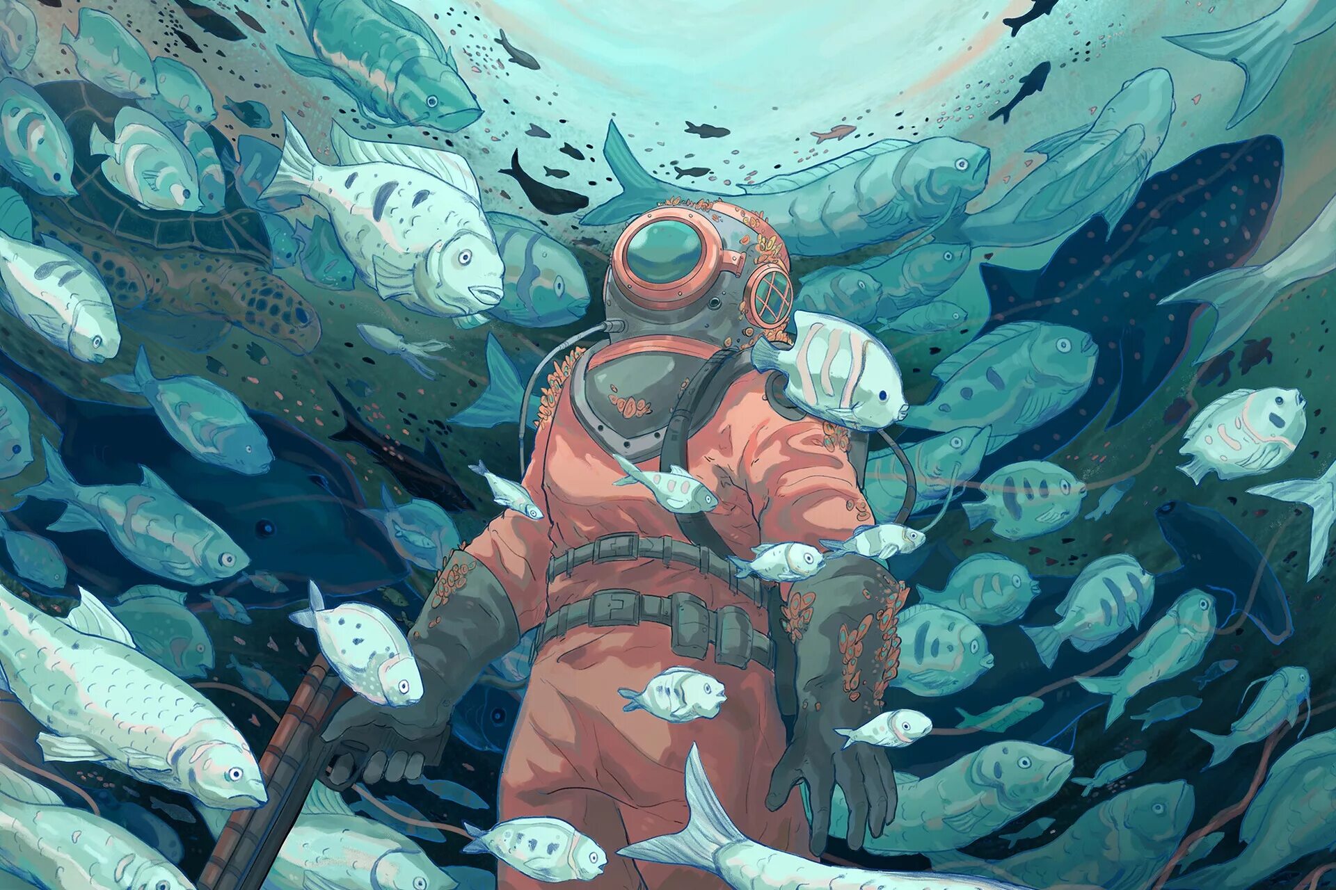 John depth. Рыба арт. Рыба в скафандре. Подводные арты. Водолаз арт.