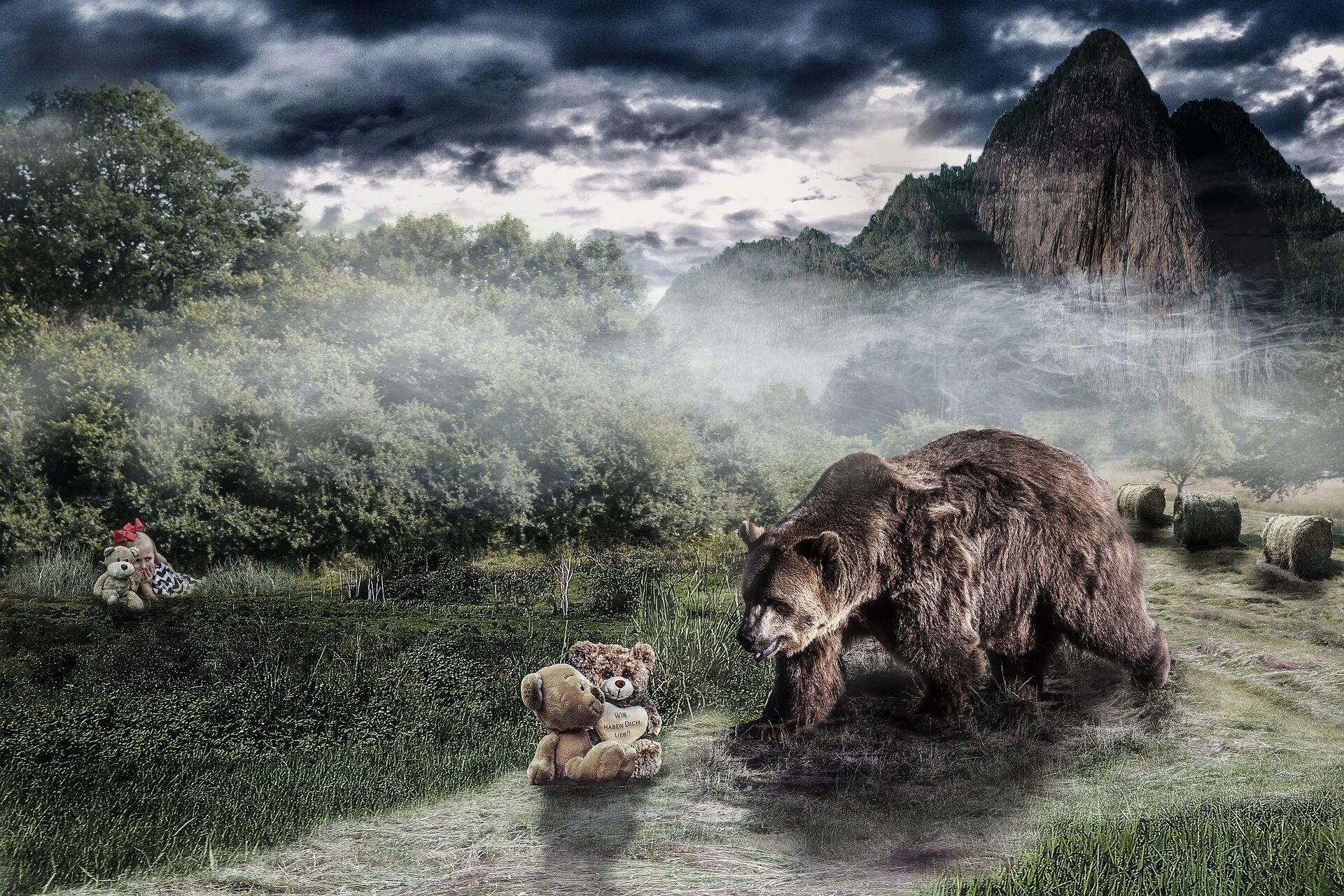 Девочка и медведь. Медведь на небе. Медведь и девушка картинки. Медведь с двойным фоном природы.