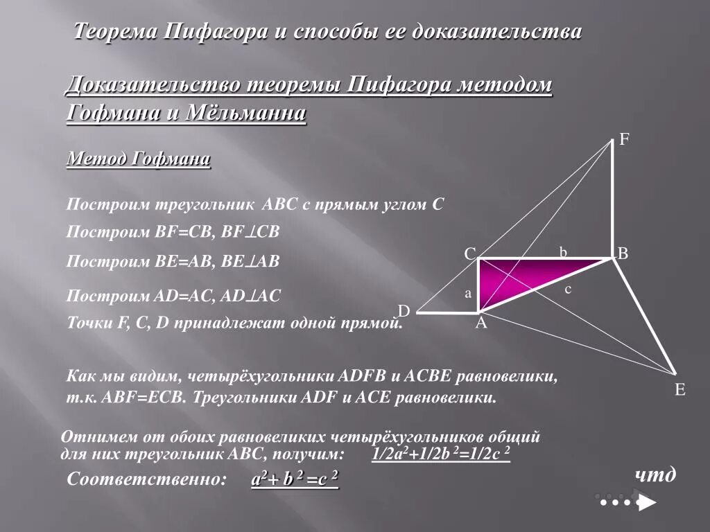 Доказать теорему Пифагора разными способами 8 класс. Разные способы теоремы Пифагора. Способы доказательства теоремы Пифагора 8 класс. Доказательство теоремы Пифагора методом Гофмана и мёльманна.