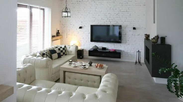 Гостиная (87 фото) "Печёный Living room designs, Brick wall living room, House d