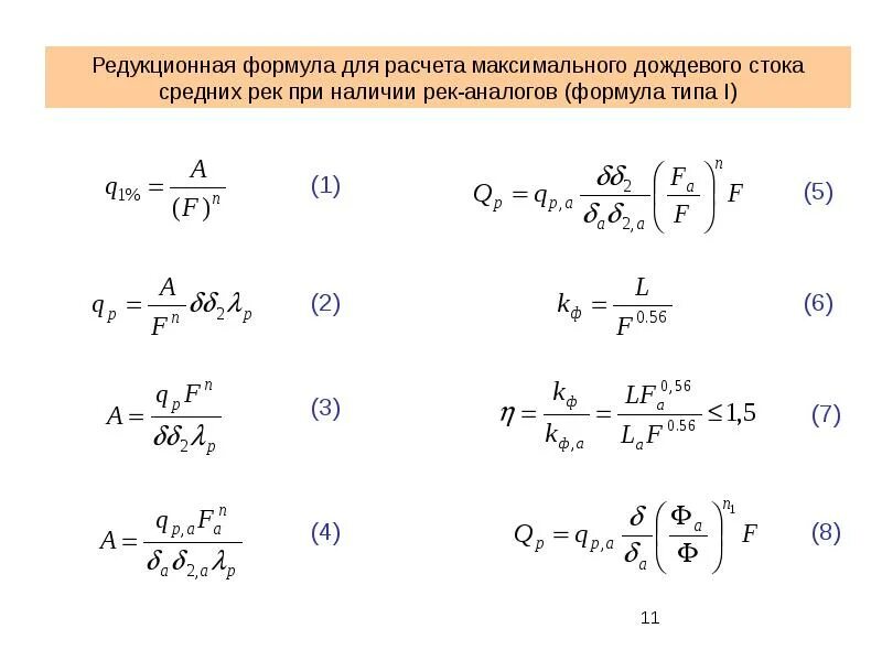 Расчет максимального стока. Типы формул. Как найти общий коэффициент дождевого стока. Какая формула нужна для вычисления максимального.