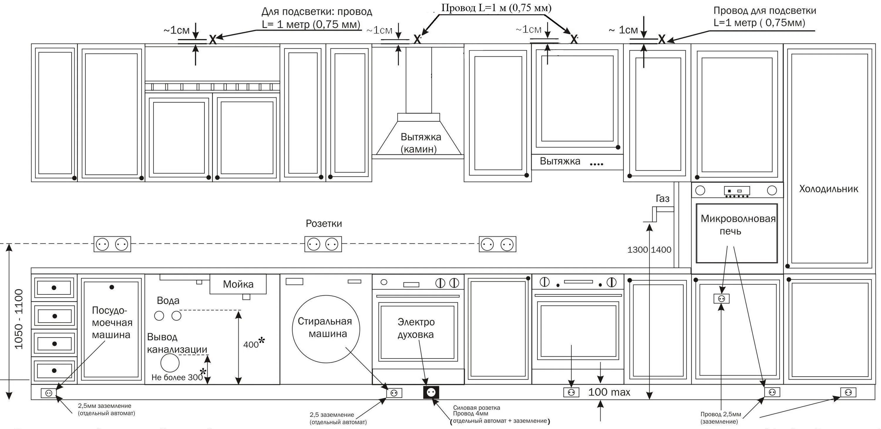 Какое расстояние на кухне розеток. Схема электропроводки на кухне. Схема разводки электропроводки на кухне. Схема электрики на кухне розетки. Схема подключения розеток на кухне.