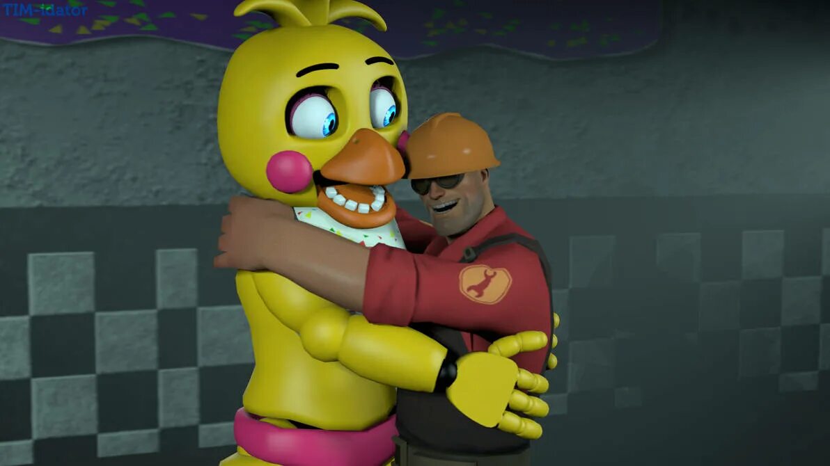 Включи песня чика. Toy chica и охранник. Чика ФНАФ. Чика SFM. Фредди и чика SFM.