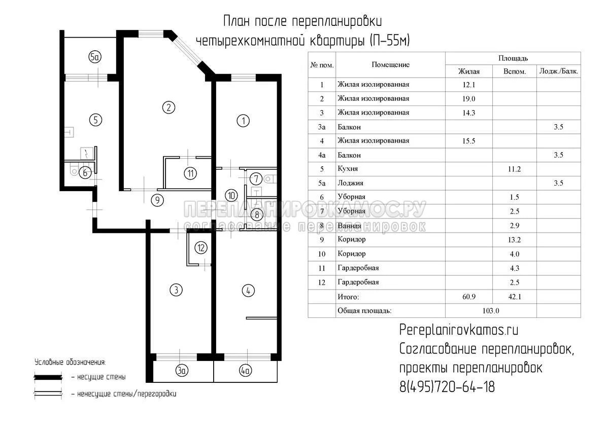 Перепланировка четырехкомнатной квартиры п55. П-55 планировка 4 комнатная перепланировка. П 55 М планировка квартир. П-55м несущие стены. Несущая стена на плане