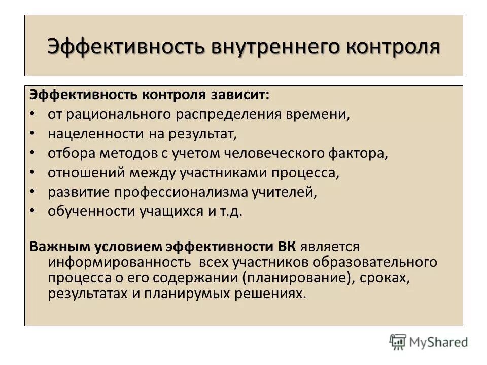 Условия эффективного контроля. Эффективность контроля. Факторы эффективного контроля. Оценка эффективности внутреннего контроля. Оценка эффективности системы внутреннего контроля.