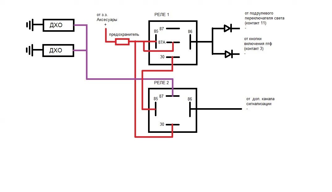 Как подключить реле дхо. Схема подключения противотуманок с ДХО. ДХО от 4х контактного реле. ДХО на калину 2 реле. Реле 4 контактное ПТФ.