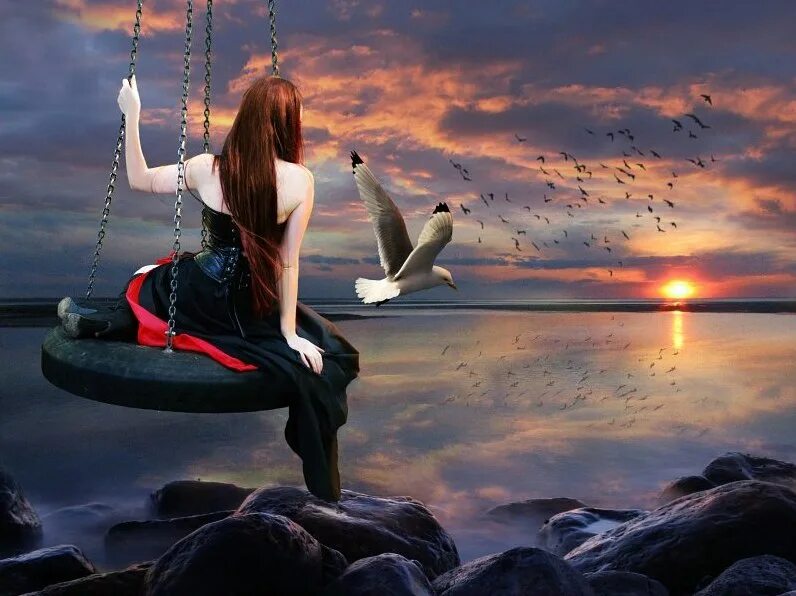Женщина твоей мечты. Девушка у моря картина. Девушка сидит в мечтах. Море птицы девушка. Девушка склонилась в море.