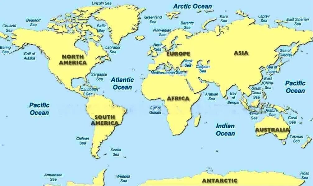 Карта морей. Названия океанов на английском. Моря английского океана