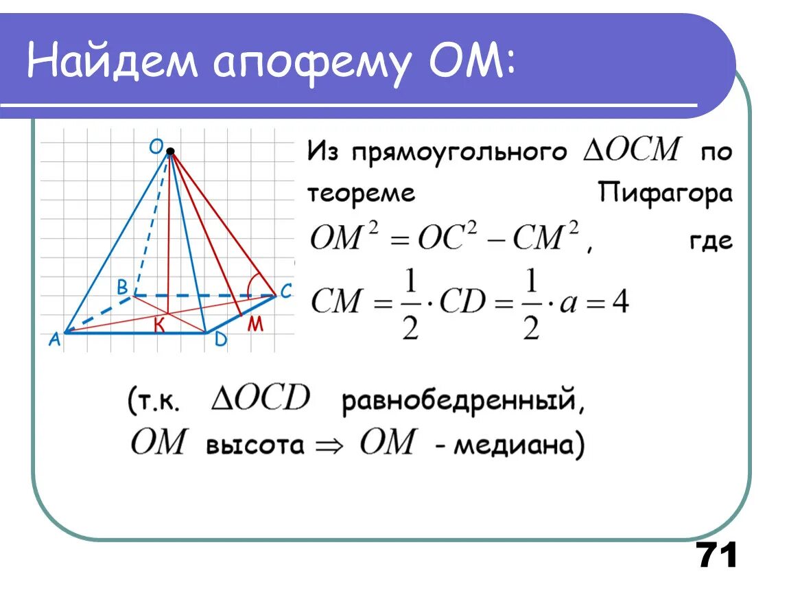 Сторона основания пирамиды через апофему. Апофема пирамиды формула. Четырехугольная пирамида формулы. Апофема это равна формула. Что такое апофема правильной пирамиды.